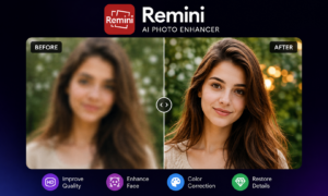 Example of how the Remini app improves a blurry photo using AI technology.